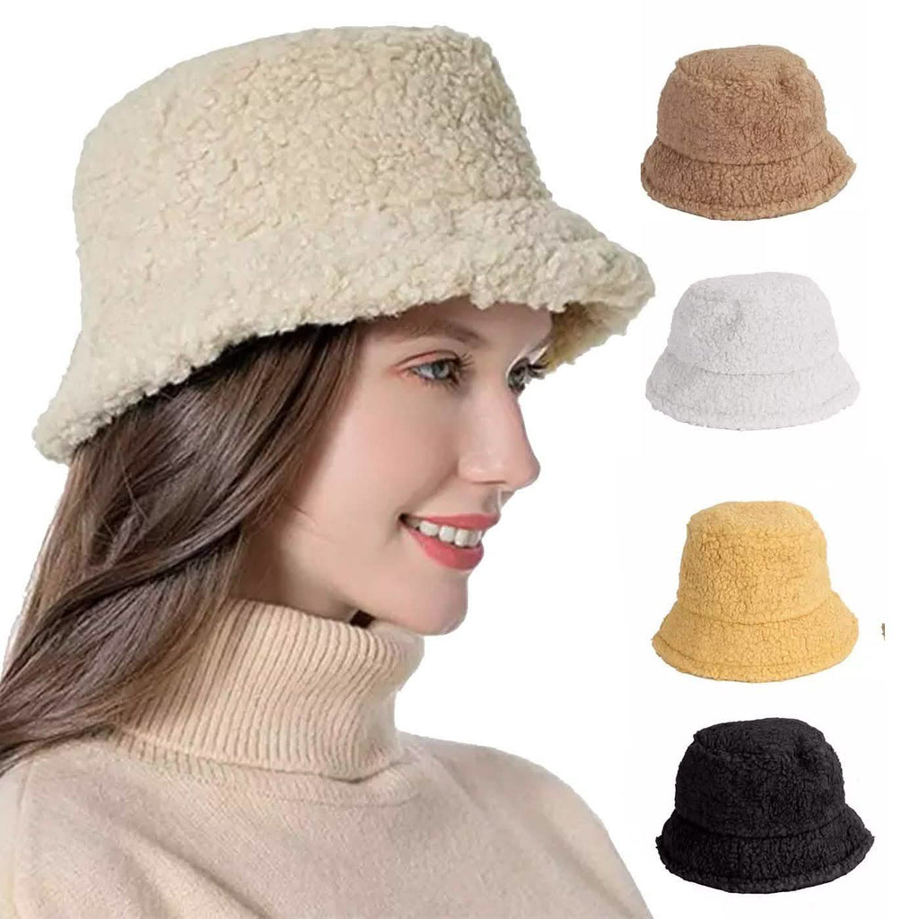 Winter Bucket Hat Women Warm Hats Vintage Faux Fur Fisherman Cap
